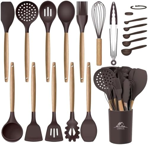 MIBOTE Silicone Cooking Kitchen Utensils Set, Wooden Handle