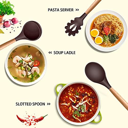 MIBOTE Silicone Cooking Kitchen Utensils Set, Wooden Handle