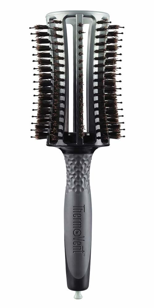 Professional Olivia Garden ThermoVent 3-inch hair brush in charcoal grey and black with ventilated barrel design.