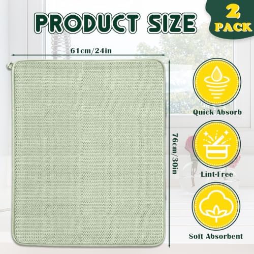 2 Pack 30 x 24 inch Extra Large Microfiber Dish Drying Mat, Light Green
