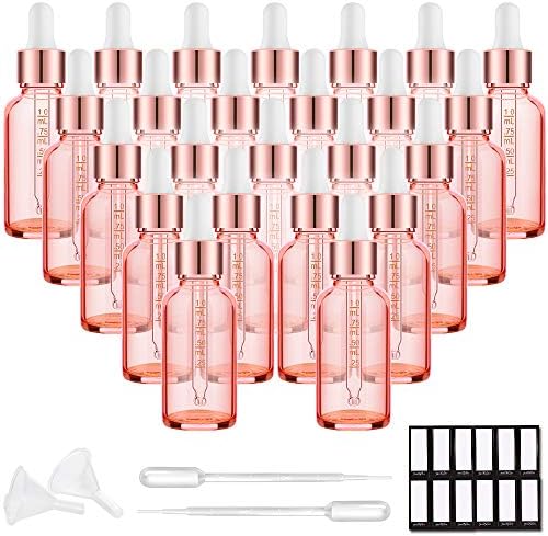 PrettyCare Glass Eye Dropper Bottles 24 Pack, 1oz Rose Empty Thick Bottles Bulk