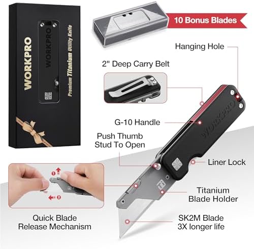 WORKPRO Premium Titanium Utility Knife, CNC Unibody, Lightweight G-10Handle