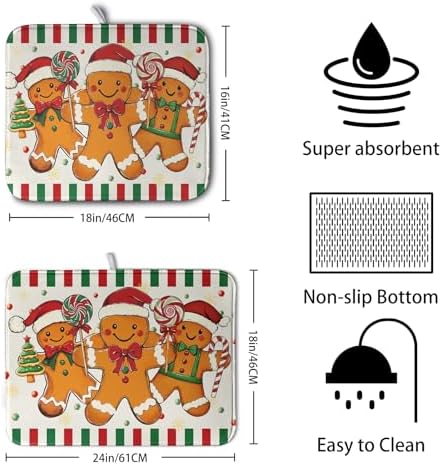 Christmas Dish Drying Mat Gingerbread Man Candy Cane Xmas Tree Drying Mats