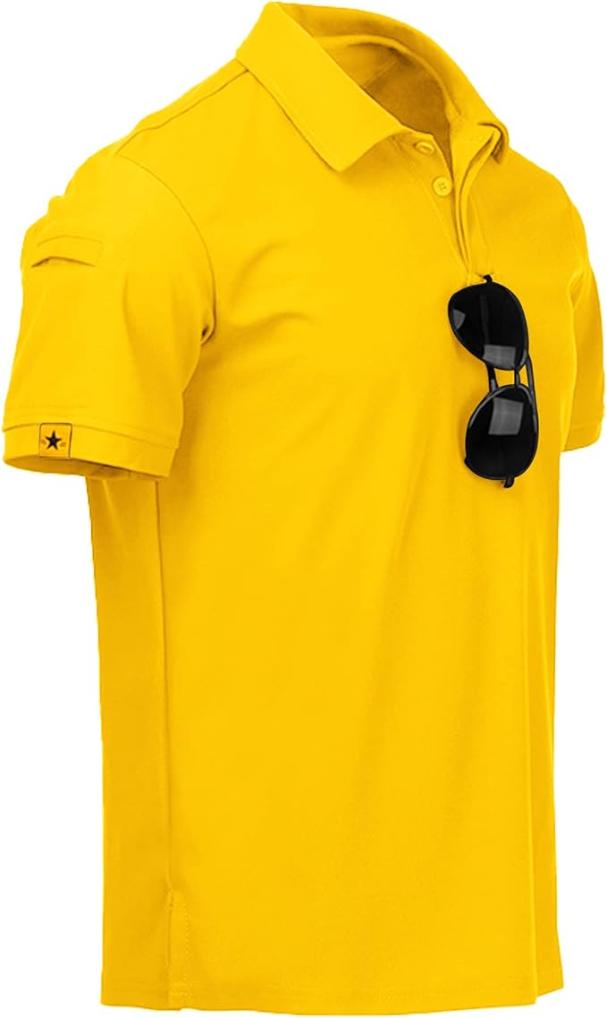 Men wearing a performance tactical golf polo shirt with ring buckle detail and moisture-wicking fabric.