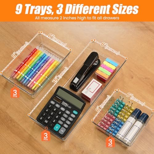 9 Pack Clear Plastic Drawer Organizer Set, Acrylic Non Slip Non Cracking