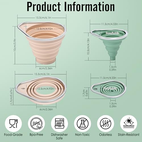 Stainless Steel Rim Silicone Collapsible Funnel Set, 2 Pack Large & Small Wide