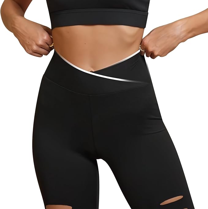 DIBAOLONG Womens High Waist Yoga Pants Cutout Ripped Tummy Control Workout Running Yoga Skinny Leggings
