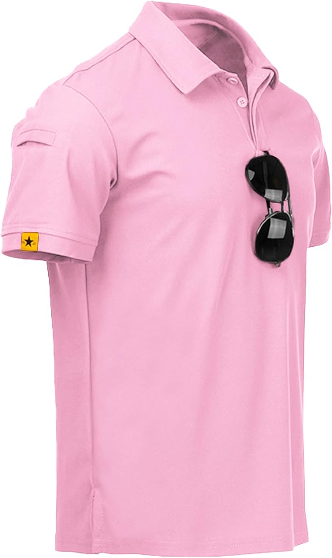 Man wearing a tactical performance polo shirt, short sleeve, button placket.