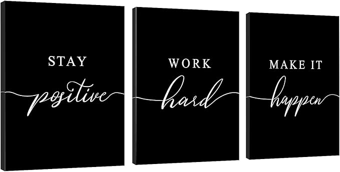 Work Hard Canvas Wall Art - Success Quote, Office Decor - Black Large Poster, Positive Motivational Set of 3 Prints (16x24in x 3pcs)