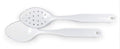 A 12-inch solid white enamelware serving and slotted spoon set with stainless steel trim.
