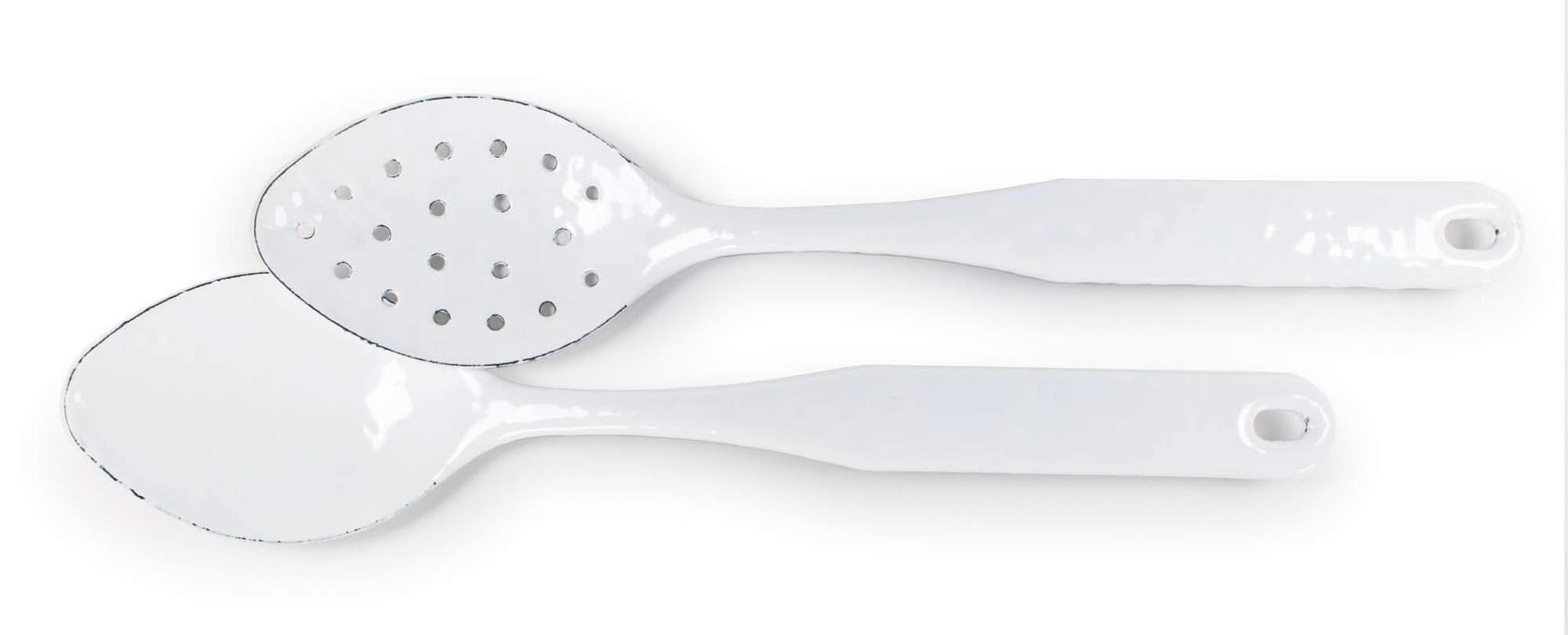 A 12-inch solid white enamelware serving and slotted spoon set with stainless steel trim.