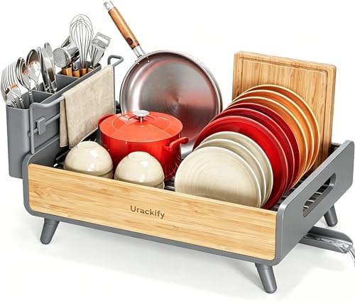 Urackify Modern Dish Rack for Kitchen Counter, Stainless Steel & Bamboo