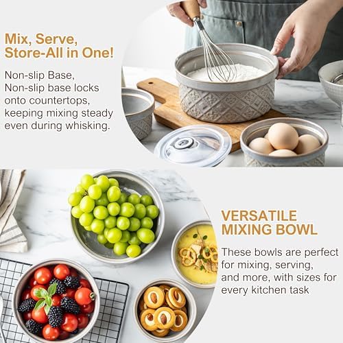 Ceramic Mixing Bowls with Lids Set of 4, Food Storage Bowl Sets