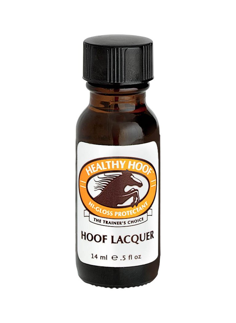 Amber bottle of Healthy Hoof Hi-Gloss Lacquer with white label and orange branding