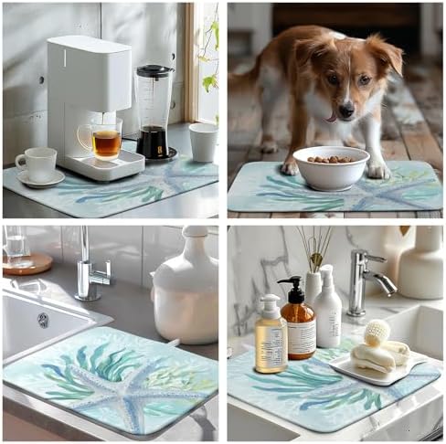 Summer Coastal Dish Drying Mat for Kitchen Counter Nautical Beach Starfish