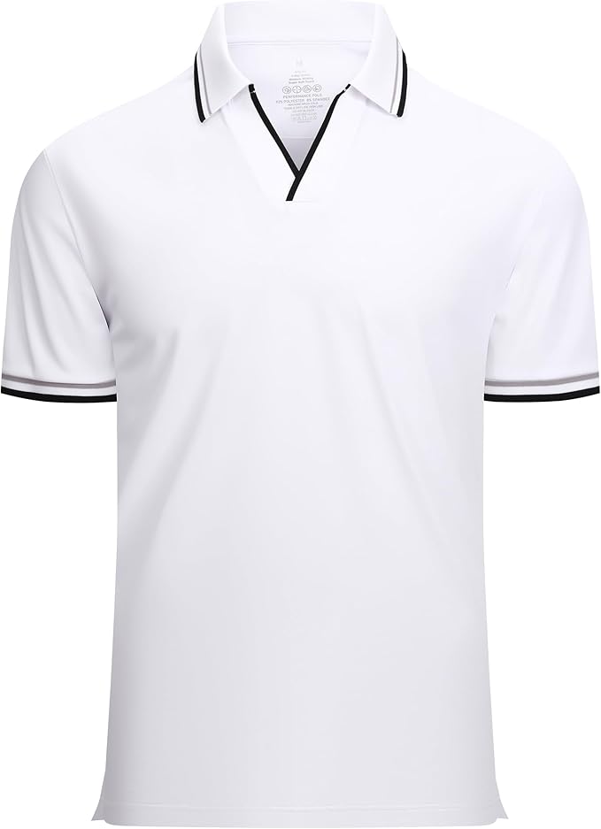 Men wearing a performance jacquard moisture-wicking golf polo with V-neck detail