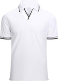 Men wearing a performance jacquard moisture-wicking golf polo with V-neck detail