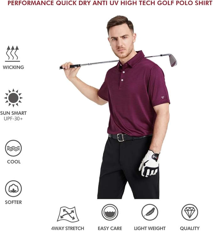 Men's Striped Performance Golf Polo Shirt Moisture Wicking Dry Fit