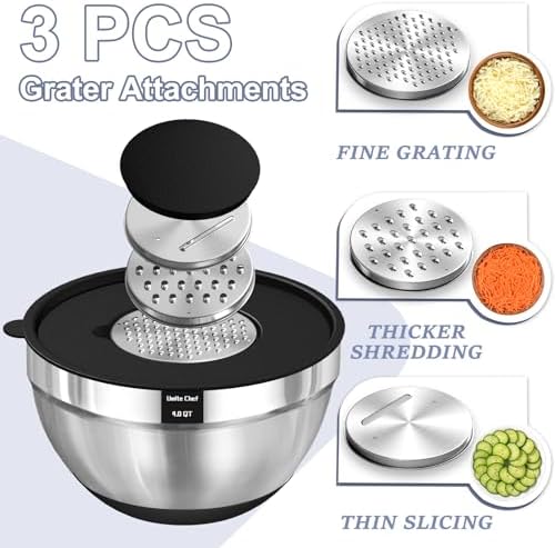Umite Chef Mixing Bowls with Airtight Lids Set, 3 Grater Attachments & Non-Slip