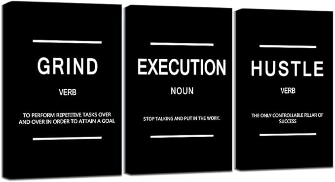 Framed Canvas Wall Art Success Quote, Office Wall Art, Black Large Poster, Positive Motivational Set of 3 Prints, Execute Failure Definition, Inspirational Print (B-3pcs,16x24inchx3pcs)