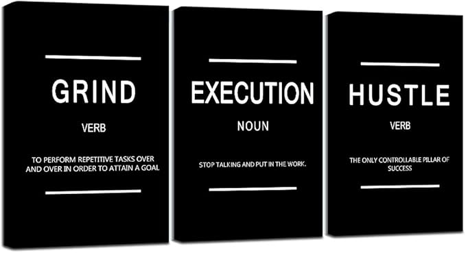 Framed Canvas Wall Art Success Quote, Office Wall Art, Black Large Poster, Positive Motivational Set of 3 Prints, Execute Failure Definition, Inspirational Print (B-3pcs,24x36inchx3pcs)