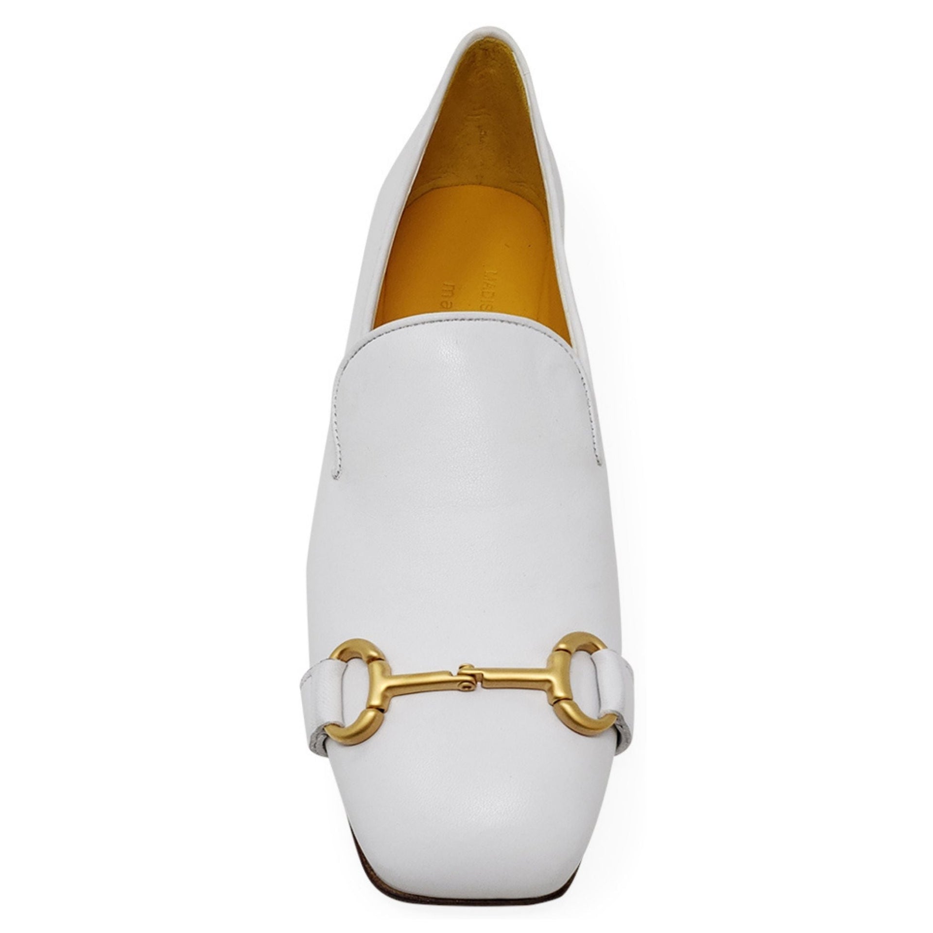 White Leather Square Toe Loafer with Gold Tone Horsebit Detail
