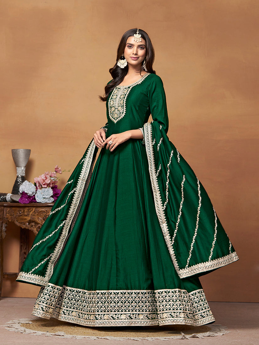 Dark Green Art Silk Anarkali Dress with Gold Zari Work