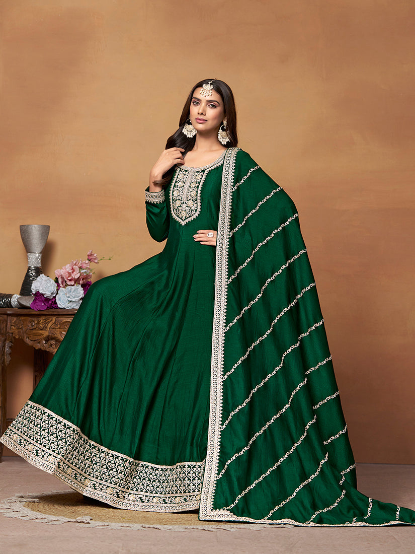 Dark Green Art Silk Anarkali Dress with Gold Zari Work