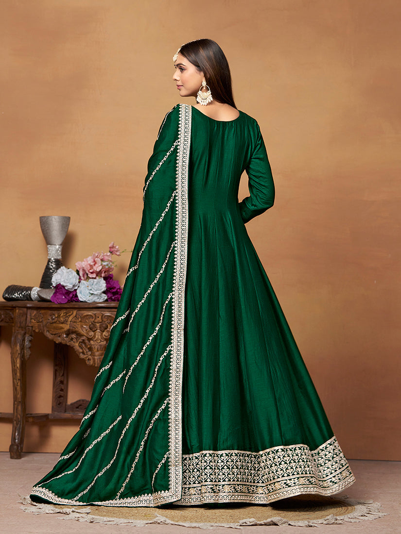 Dark Green Art Silk Anarkali Dress with Gold Zari Work