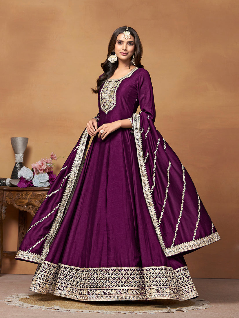 Purple Art Silk Anarkali Dress with Gold Zari Embroidery