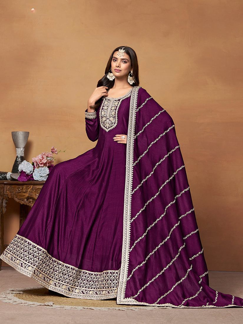 Purple Art Silk Anarkali Dress with Gold Zari Embroidery
