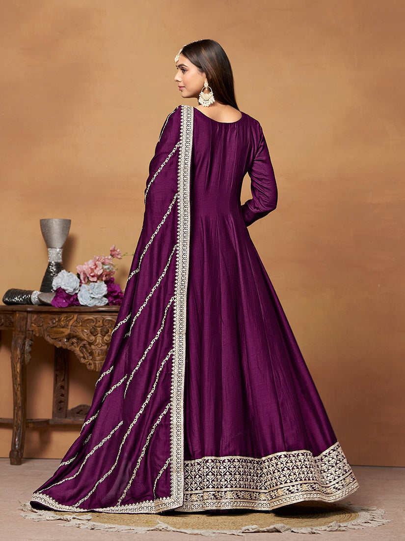 Purple Art Silk Anarkali Dress with Gold Zari Embroidery