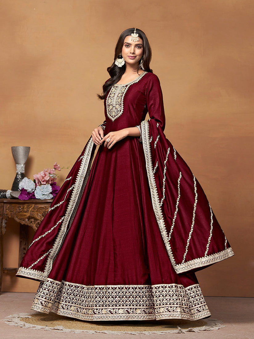 Wine Art Silk Anarkali Dress with Gold Zari Embroidery