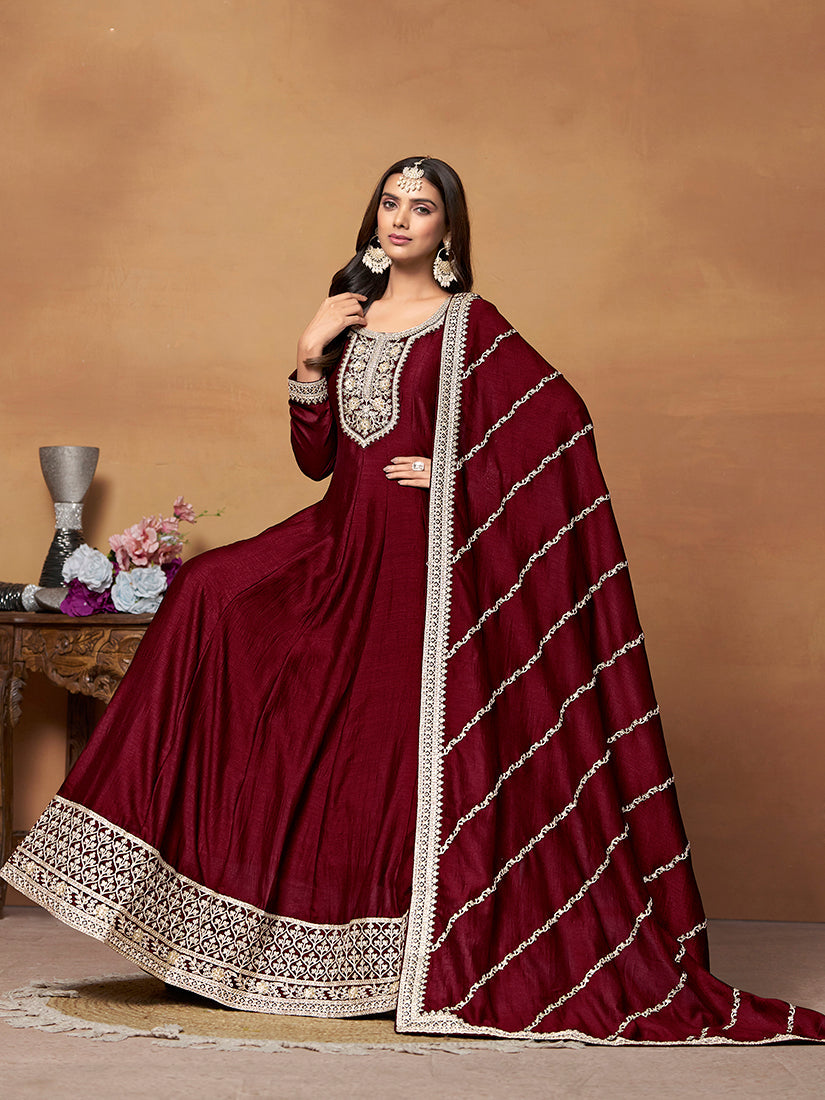 Wine Art Silk Anarkali Dress with Gold Zari Embroidery