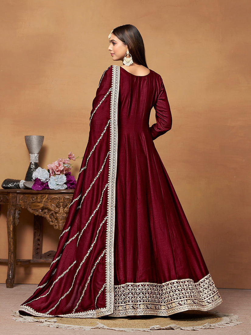 Wine Art Silk Anarkali Dress with Gold Zari Embroidery