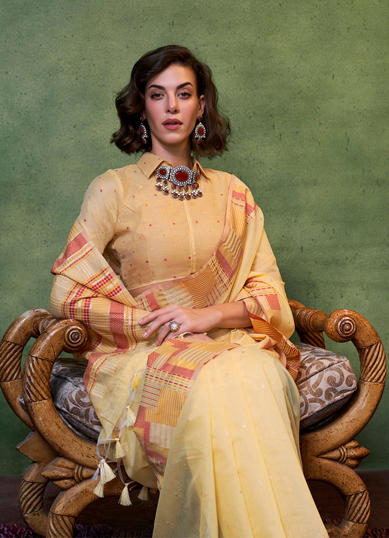 Light Yellow Cotton Handloom Saree for Women