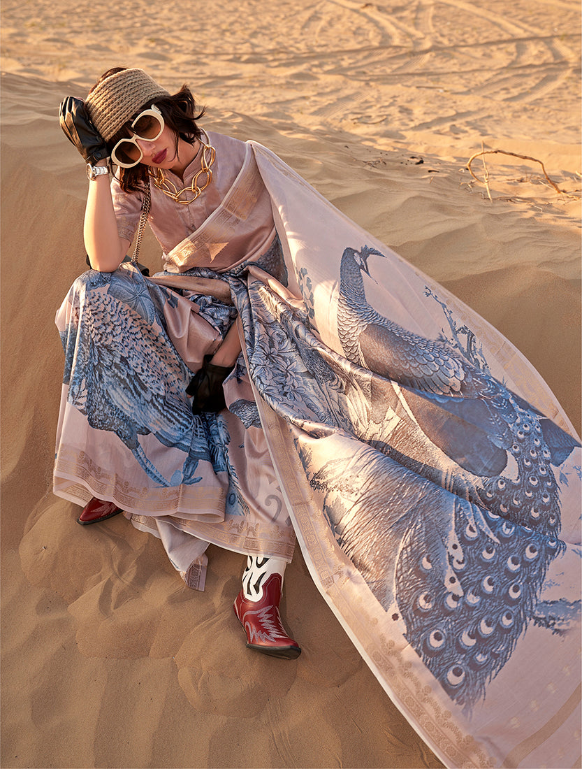 Slate Grey Tussar Silk Designer Saree with Floral Print