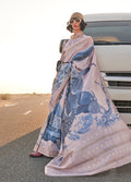 Slate grey tussar silk saree with floral prints and woven border details