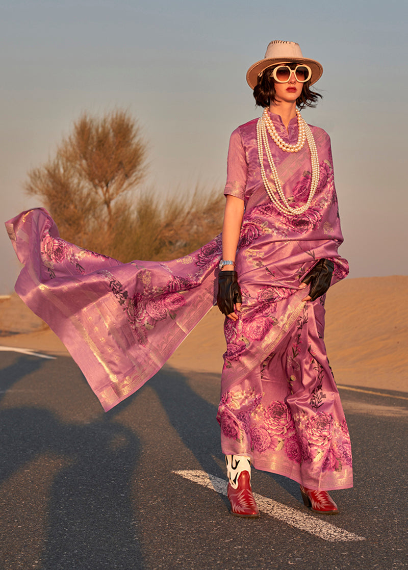 Dark magenta tussar silk saree with floral print and traditional weaved border