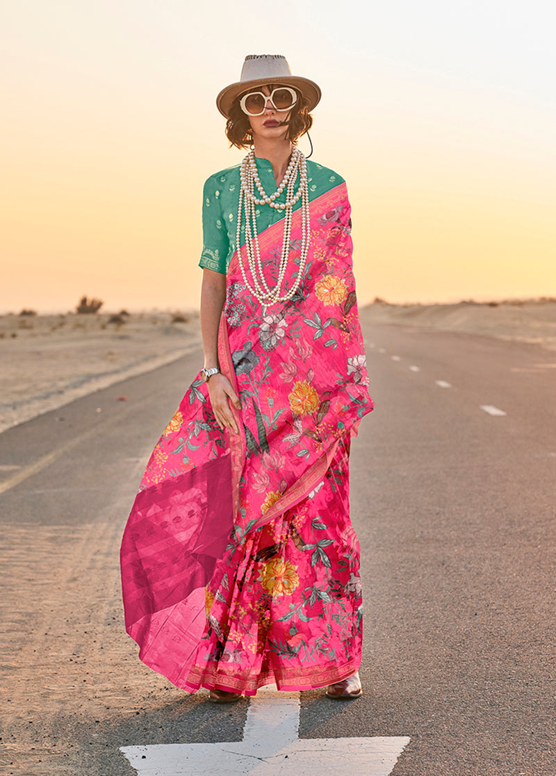Beautiful pink tussar silk designer saree with floral print and weaved border