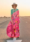 Beautiful pink tussar silk designer saree with floral print and weaved border