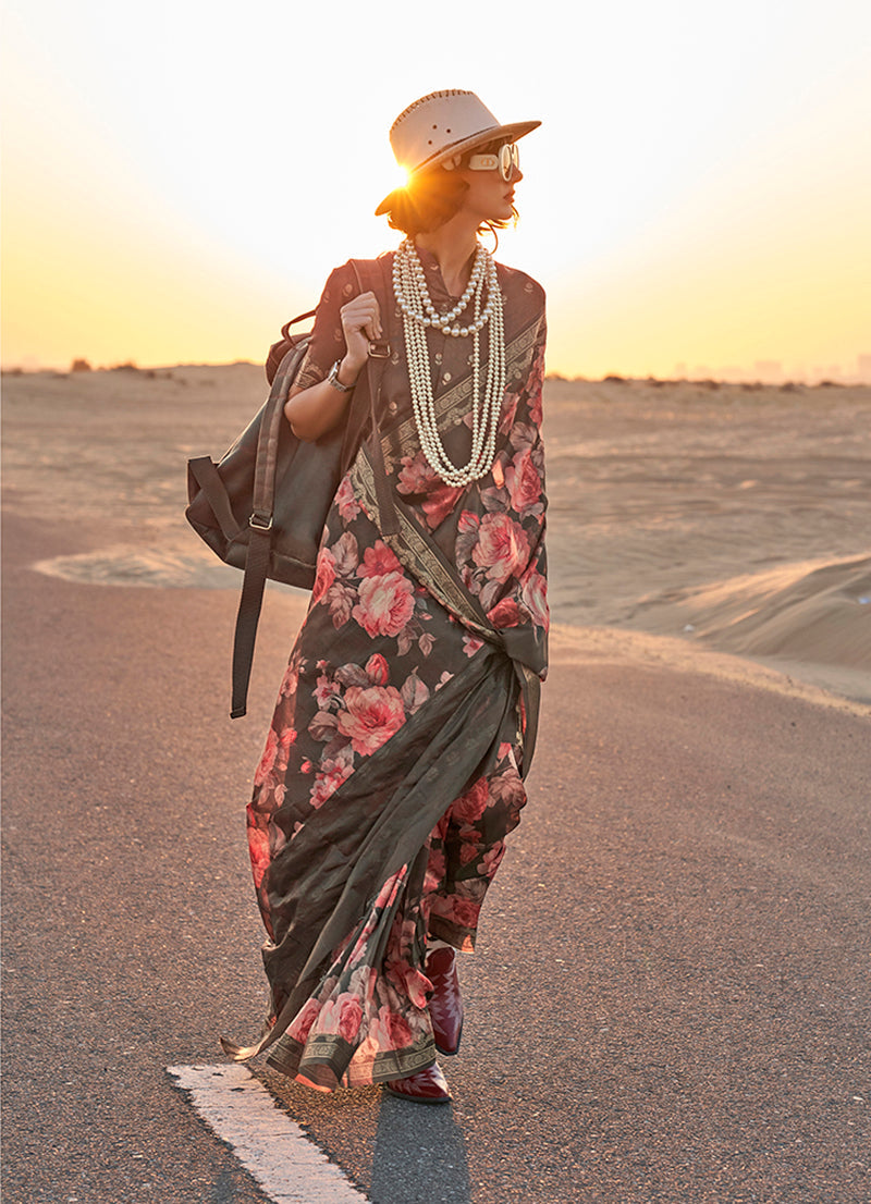 Black Tussar Silk Designer Saree with Floral Print