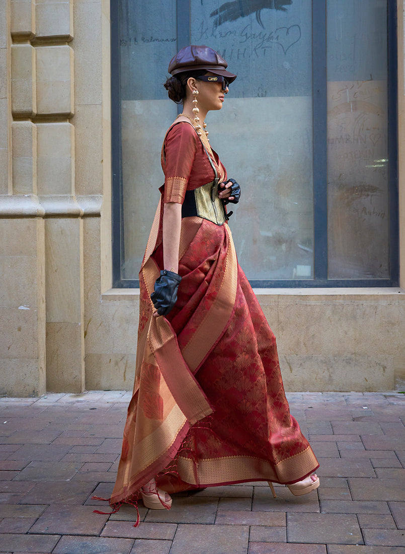 Rust Organza Silk Saree with Blouse Piece