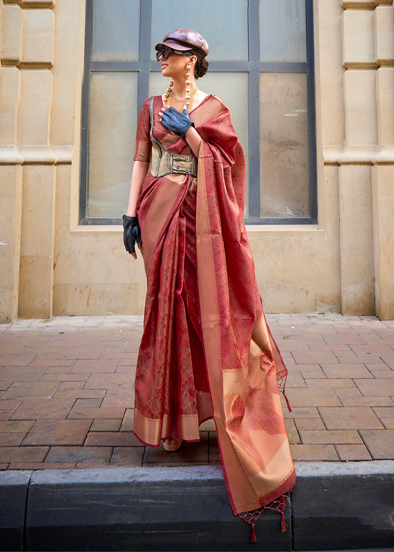 Rust organza silk handloom saree with matching blouse