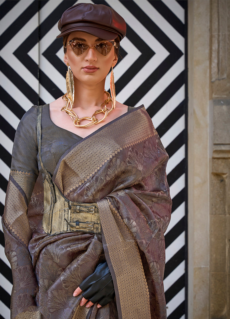 Brown Handloom Organza Silk Saree with Blouse Piece
