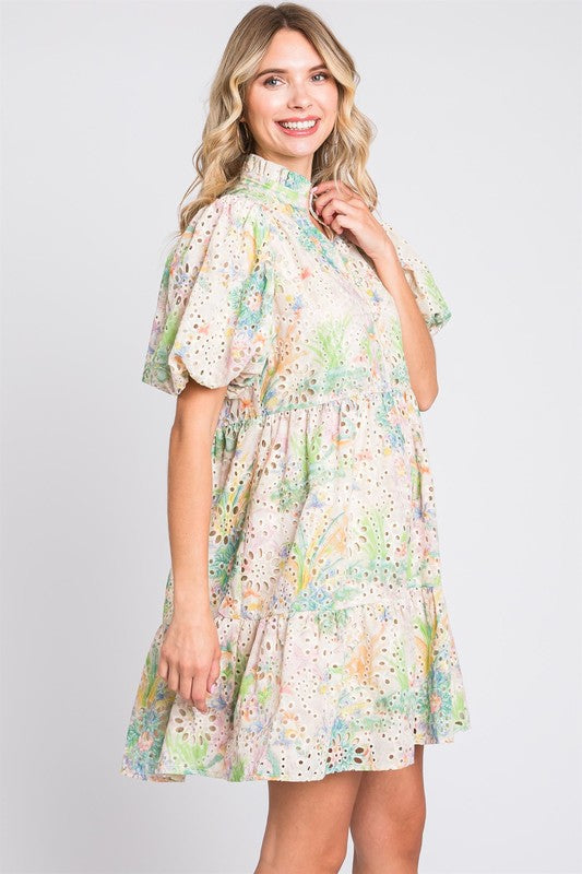 Floral Eyelet Lace Puff Sleeve Mini Dress