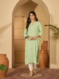 Pista Green viscose rayon tunic with intricate embroidery, round neckline, and 3/4 sleeves.