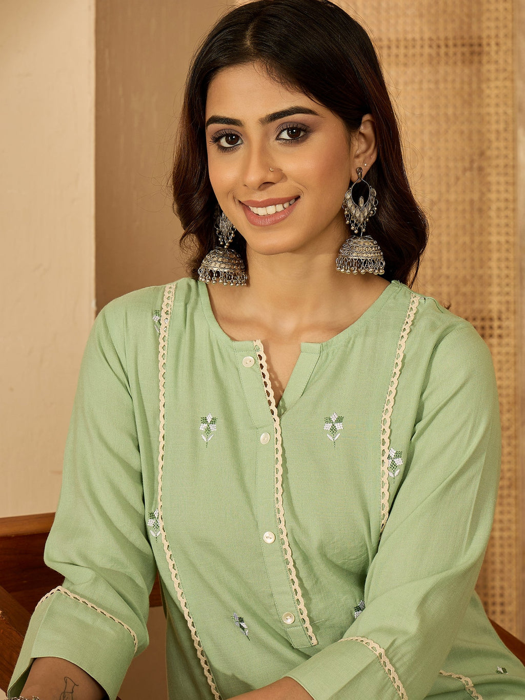 Pista Green Viscose Rayon Embroidered Tunic with 3/4 Sleeves
