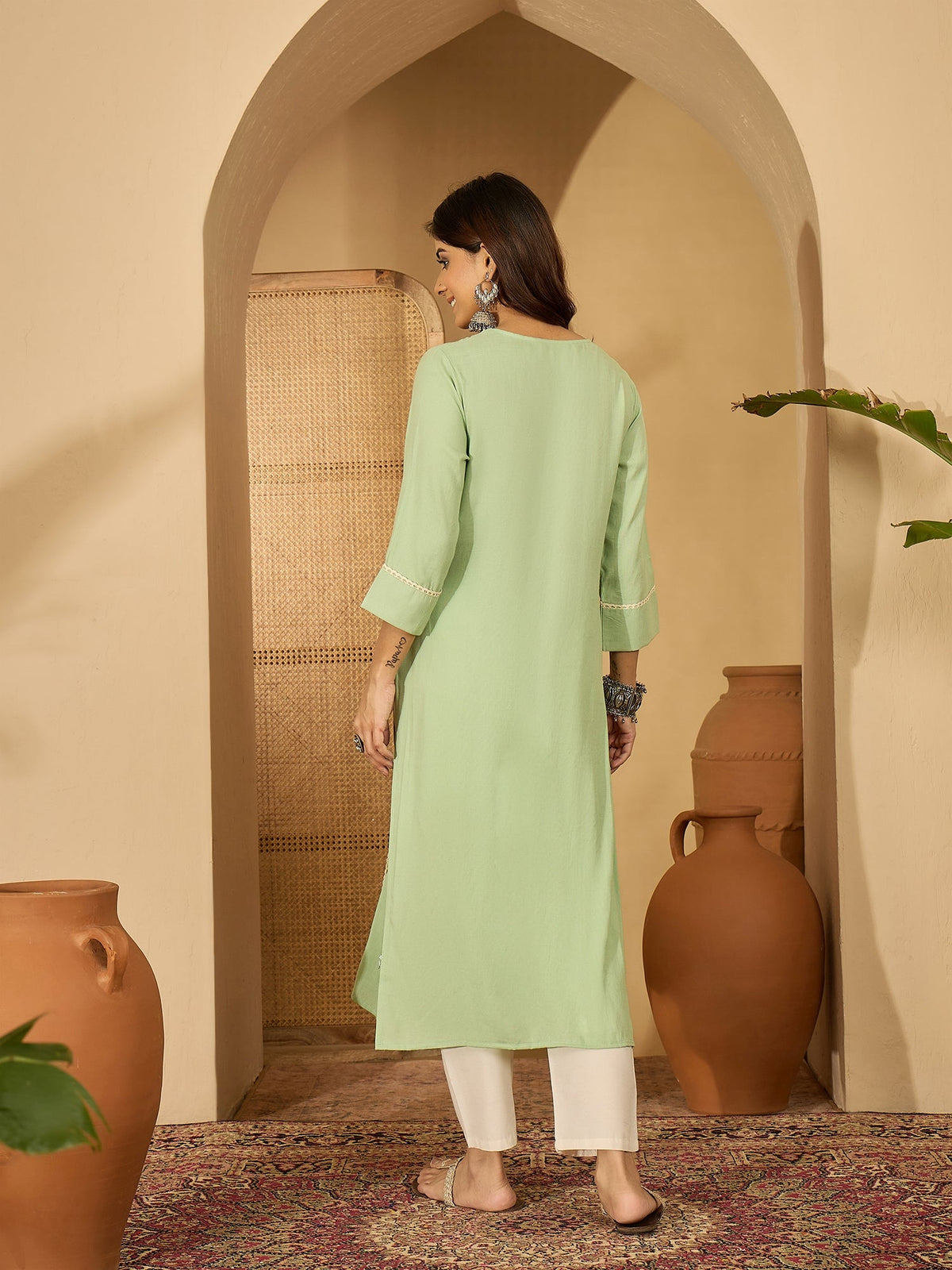 Pista Green Viscose Rayon Embroidered Tunic with 3/4 Sleeves