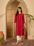 Red viscose rayon tunic with detailed embroidery, elegant design for festive wear
